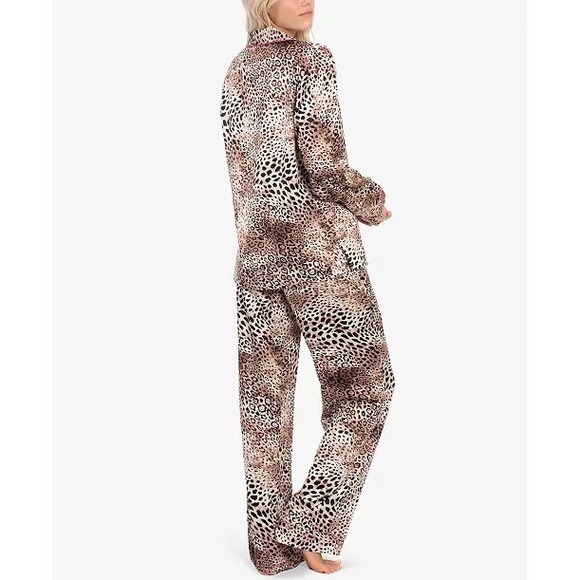 Linea Donatella Leopard Print Pajama Set Top Pants Pink Trim Women's M - Picture 2 of 7